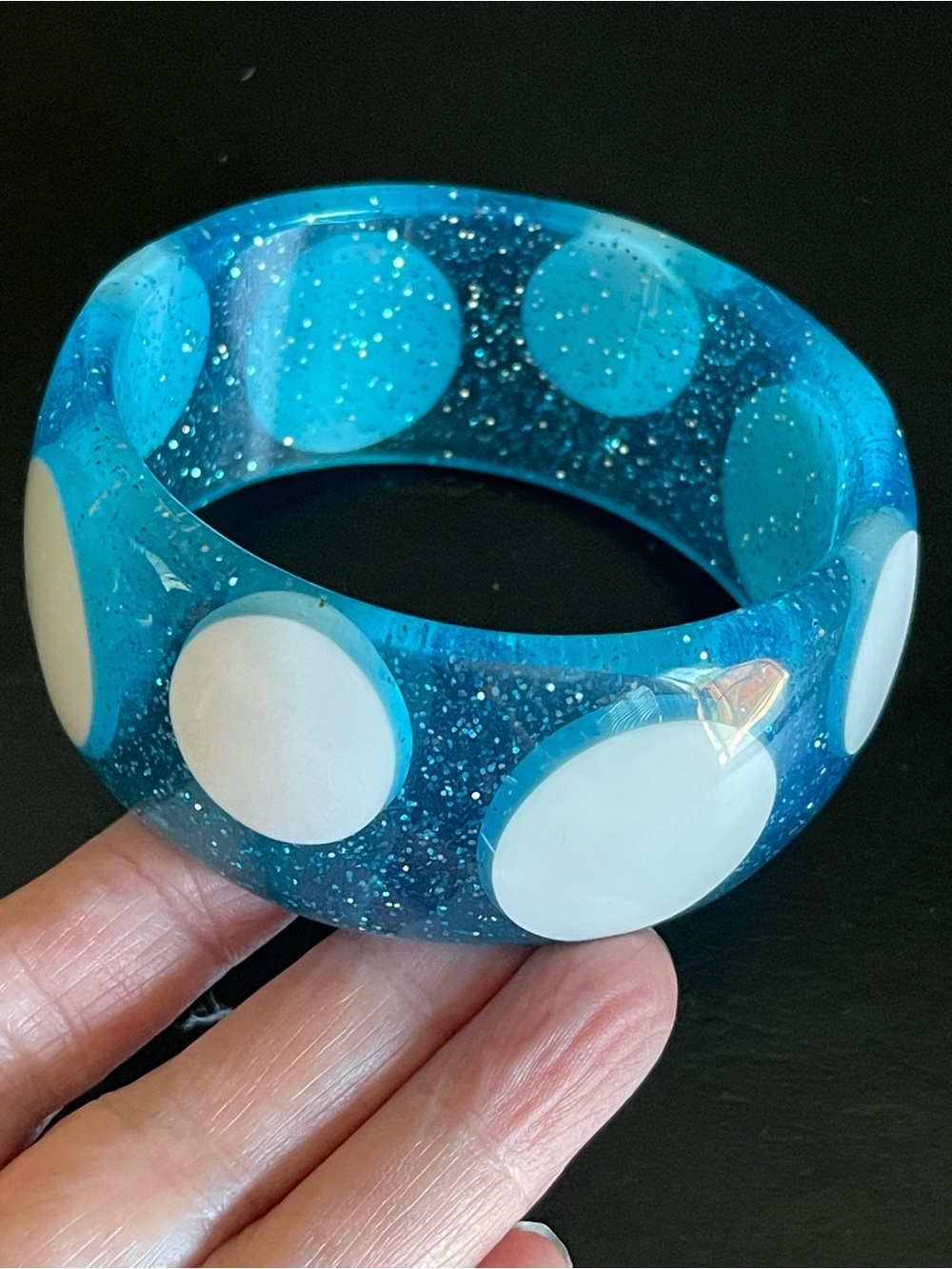 Vintage silver glitter blue lucite white polka dots bangle.